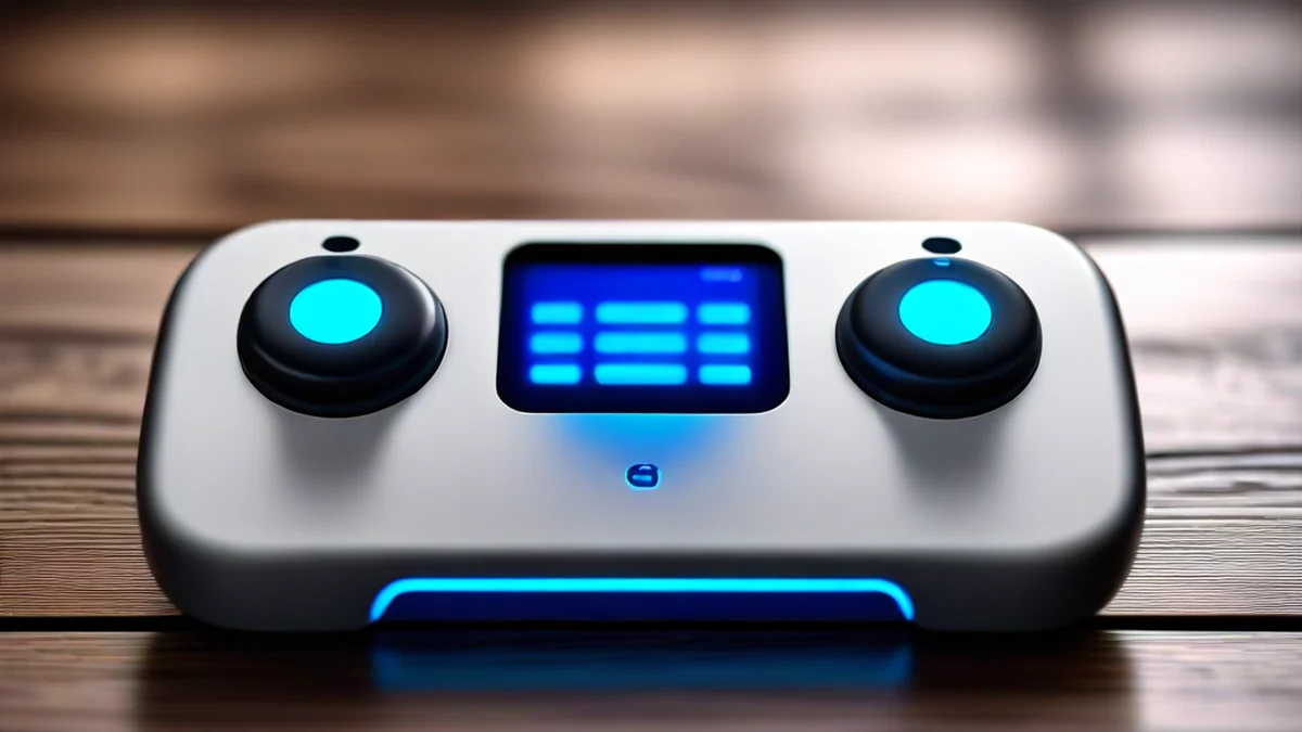 Modern wireless gaming controller with brushed aluminum, blue glowing keypad on dark wood, overcast light, 35mm lens, shallow focus.