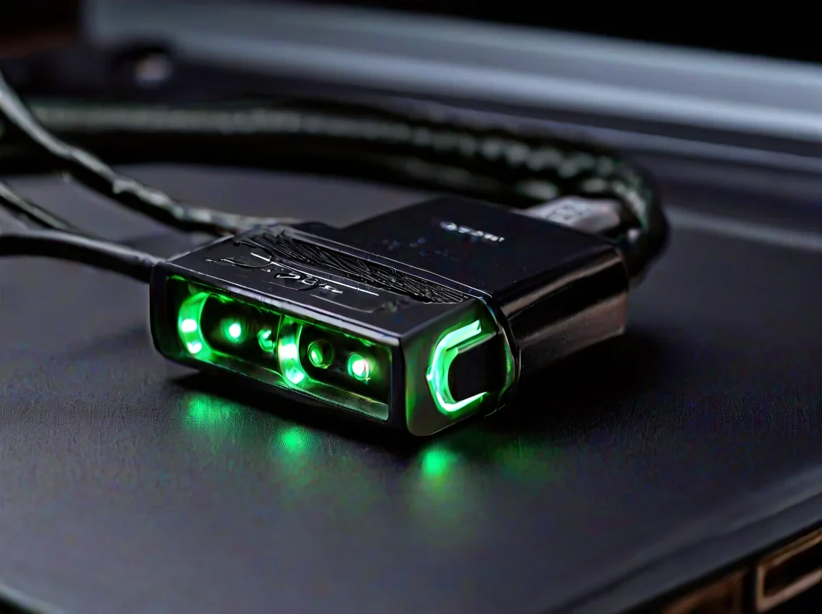 Zwart USB audio interface met gloeiende groene lichten aangesloten op een laptop via een bontcable.