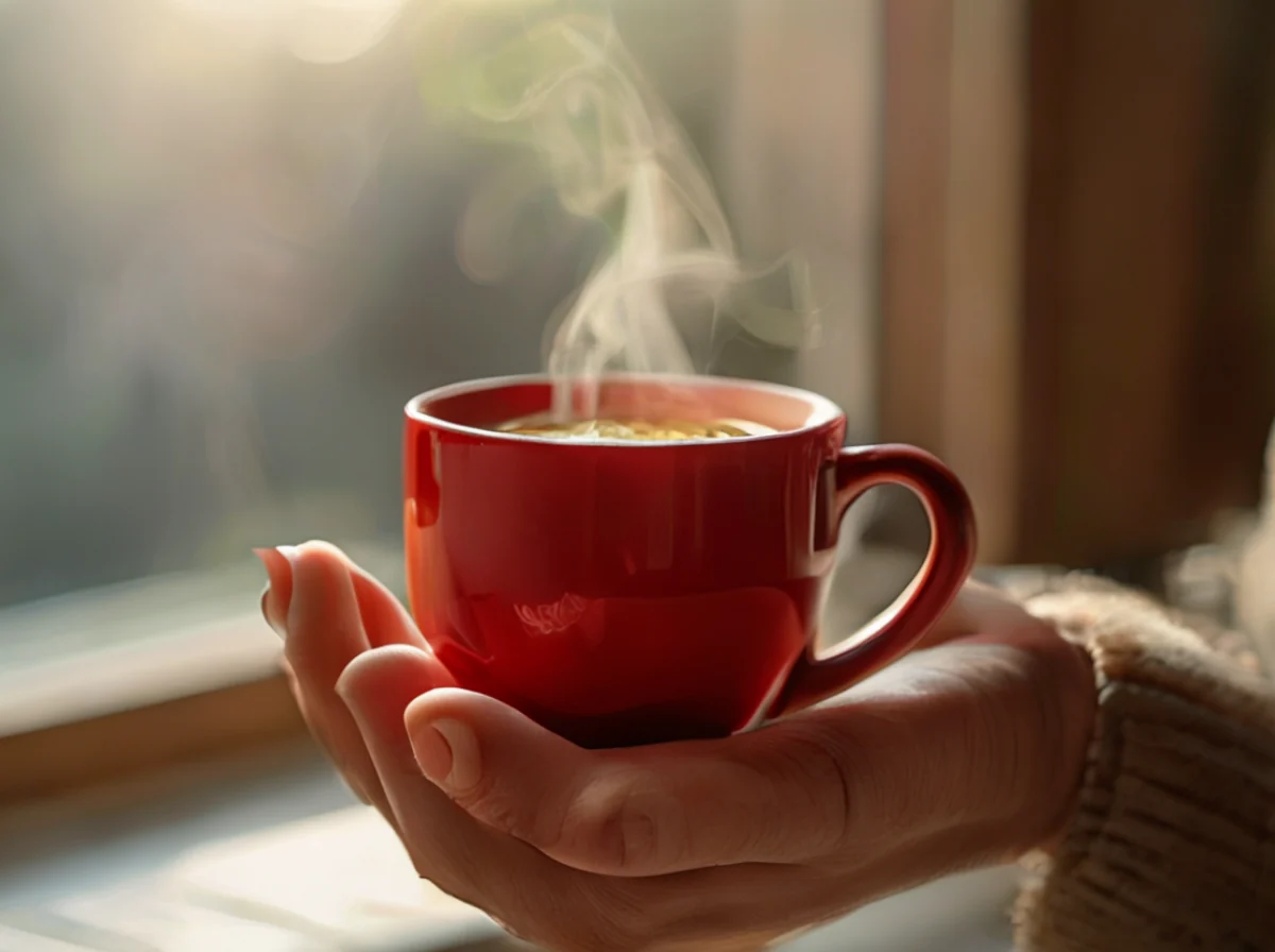 Ein porzellanmug mit heißem kräuter-tee.