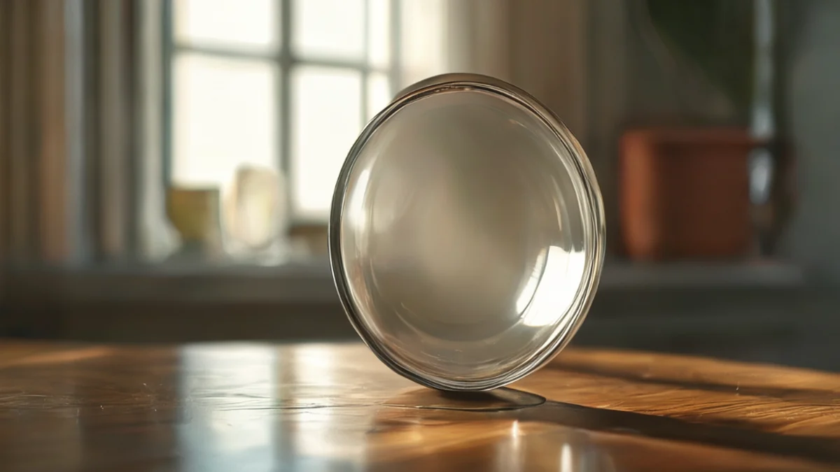 Un grand, rond, verre de lunette à cadre métallique sur une table en bois sous une lumière douce du fenêtre, profondeur de champ faible, photo-réaliste, focus net, détails élevés