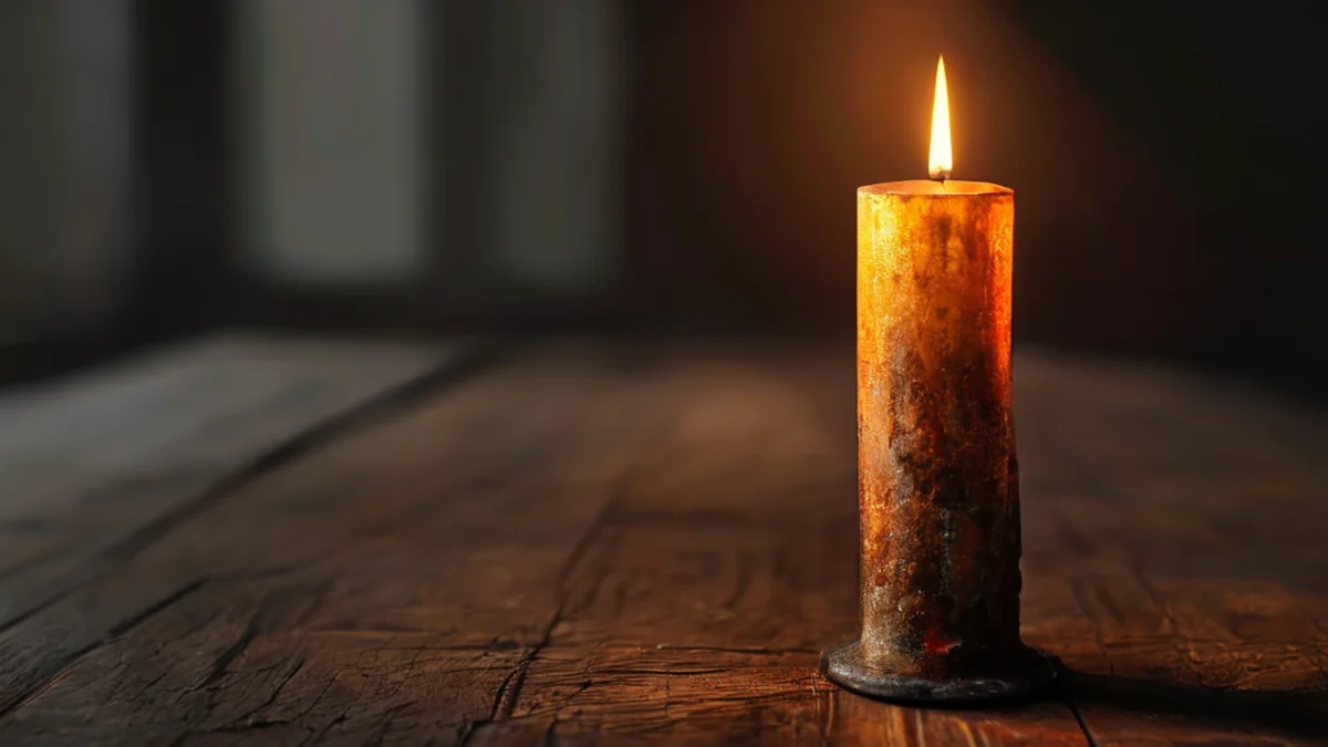 Candela di Kamchatka, ferro ossidato, forma sottile, amber intenso, texture ossidata, posata su una mensola in legno semplice, luce laterale calda, profondità di campo sottile, realismo fotografico, focus acuto, dettagli elevati