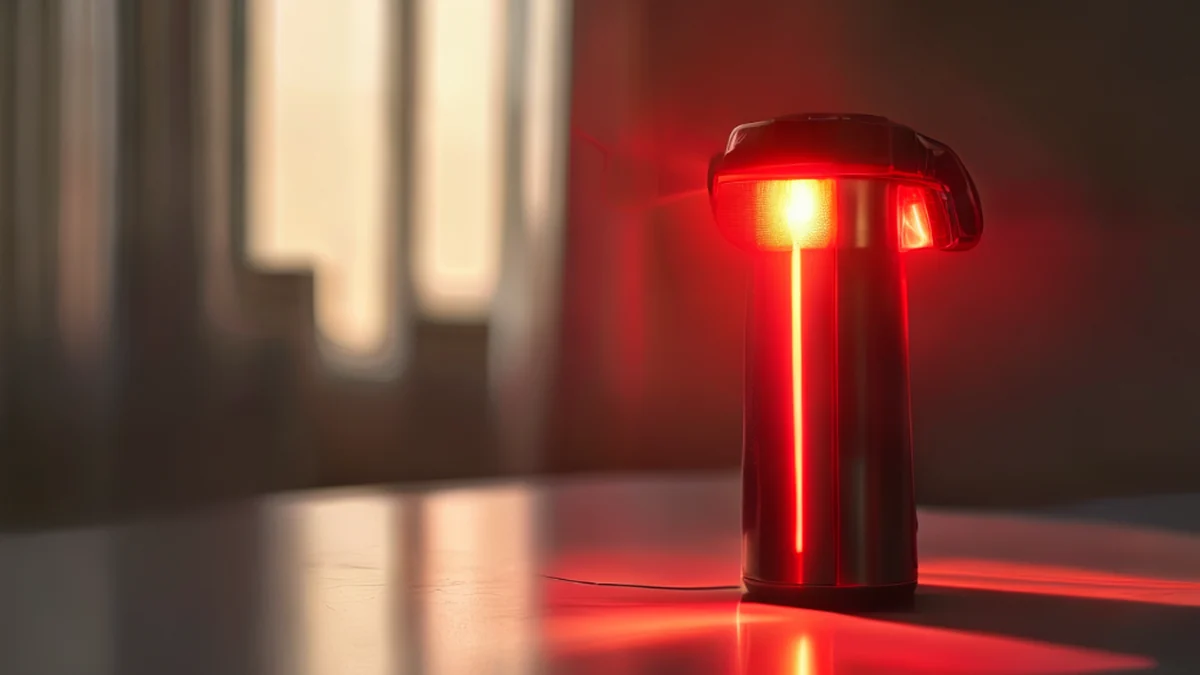Lâmpada de flash de um telefone, LED vermelho com carcassa metálica, sobre uma mesa branca sob luz quente, profundidade de campo baixa, realista, foco neto, detalhes altos