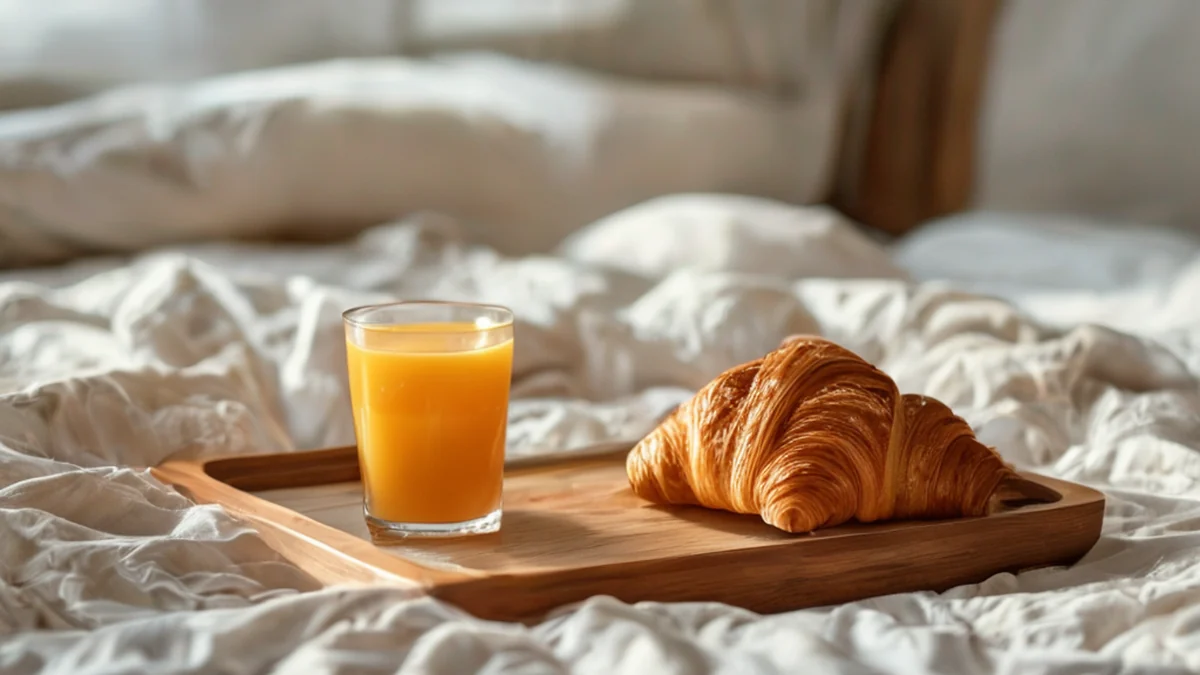 A breakfast tray on a bed with toast, fruit, and coffee.