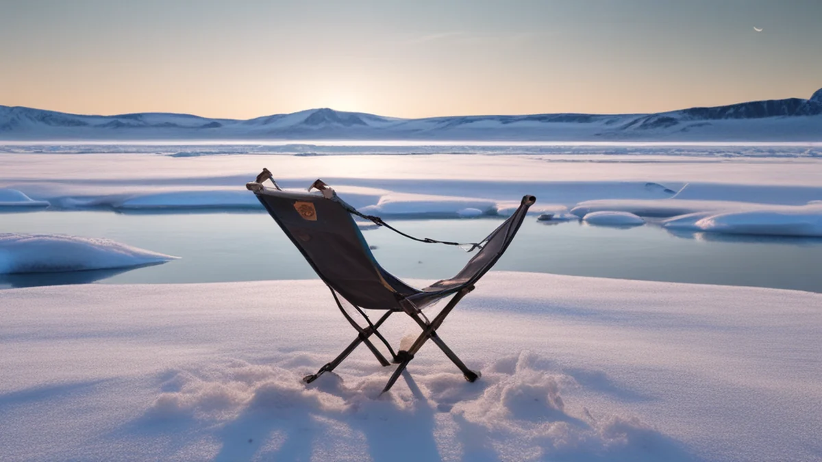 A camping chair on a frozen lake, showing snow-covered surface and ice cracks.