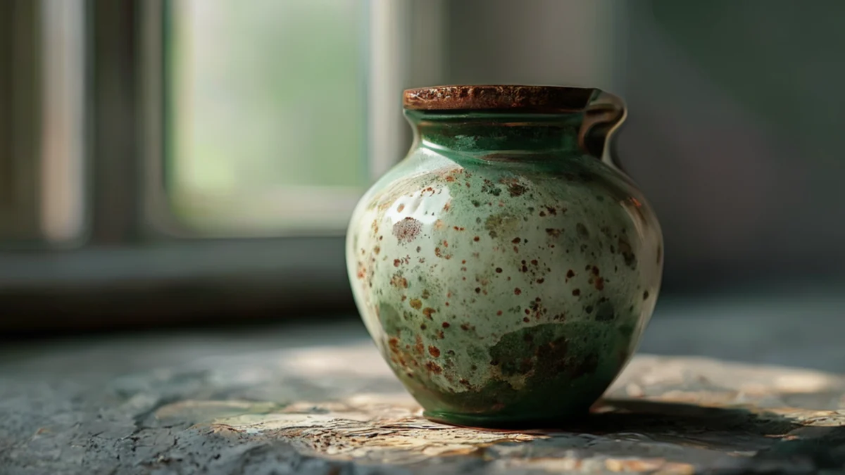 Un secchio da giardino in ceramica con un manico e un alto bordo su un tavolo in legno.