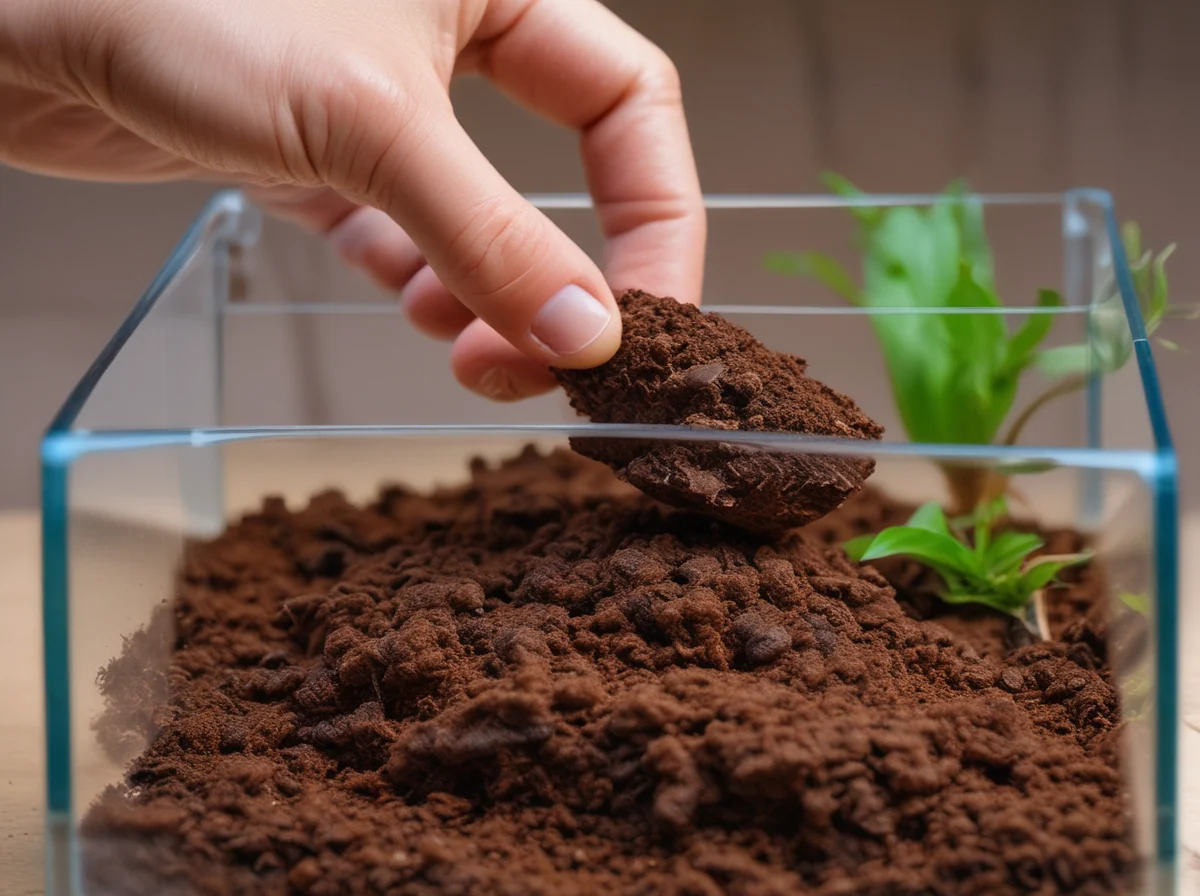 Een hand gebruikt een kleine pala om grijs coco-terrein te verspreiden binnen een glas-terrein voor reptielen.