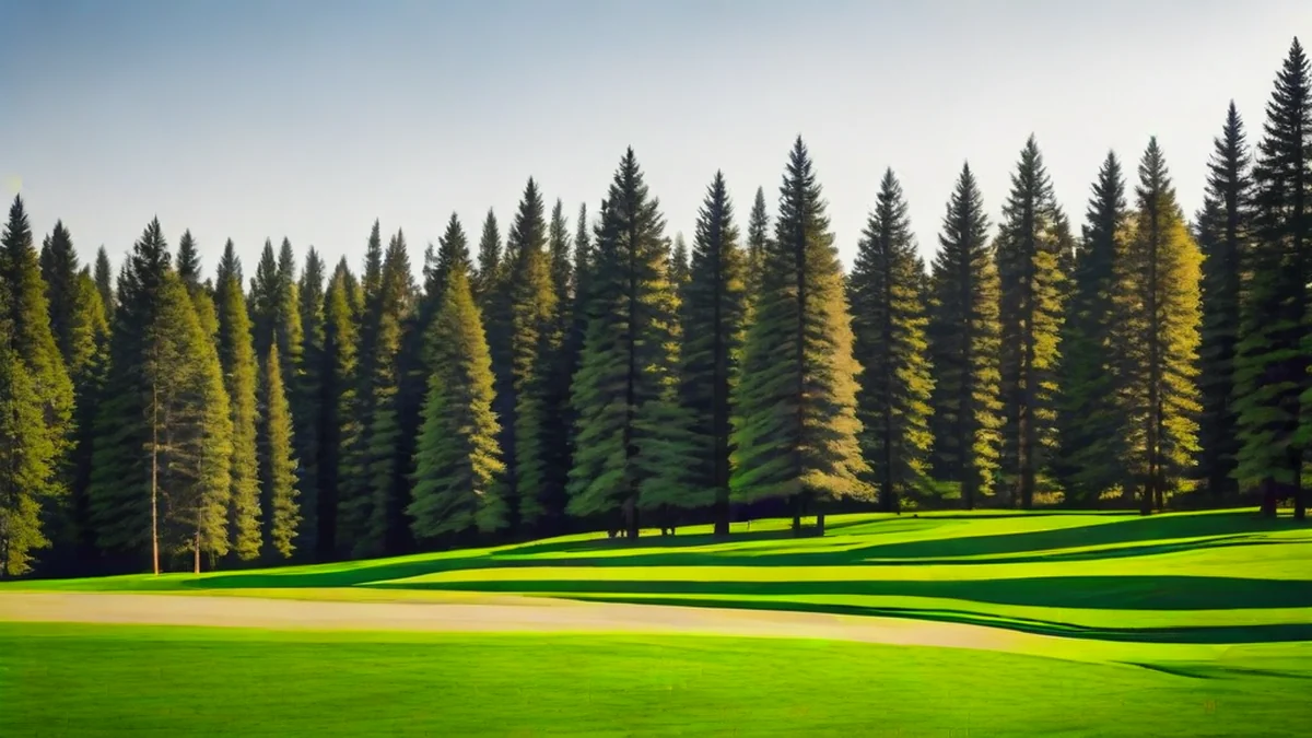 Een golfveld met bomen, groene gras en fairways.
