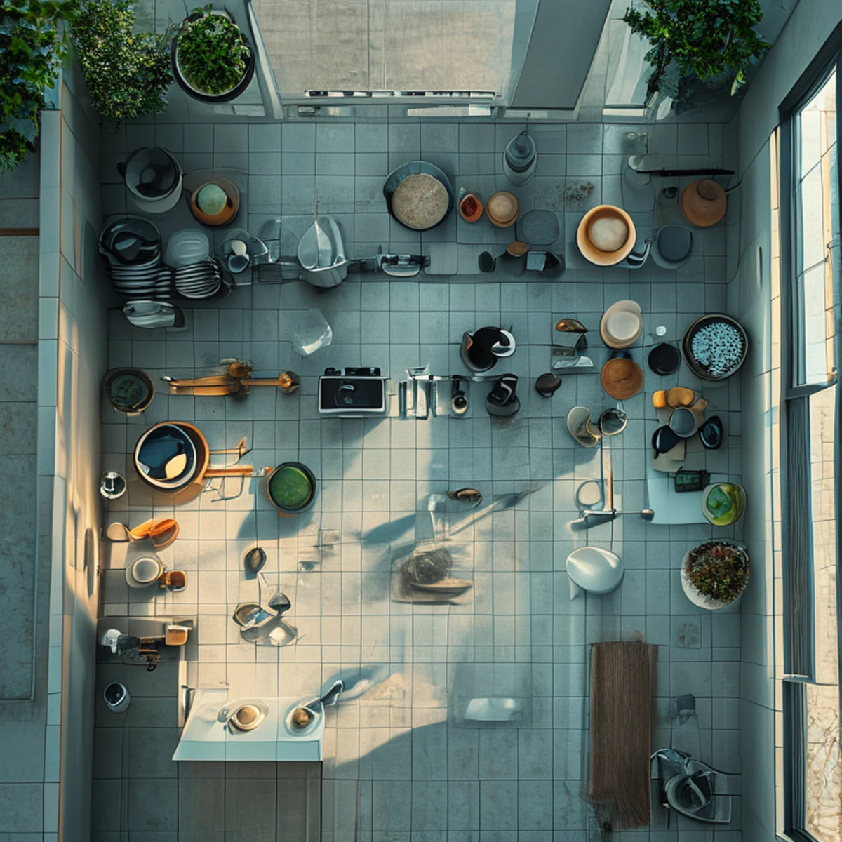 vista aérea de una cocina moderna y organizada