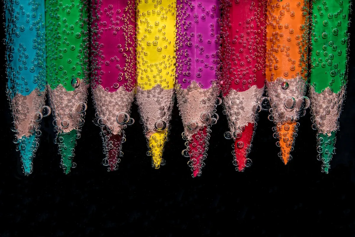 colorful, pencils, submerged, underwater, air bubbles, colored pencils, coloring pencils, art materials, coloring materials, wet, color, creativity, creative, a