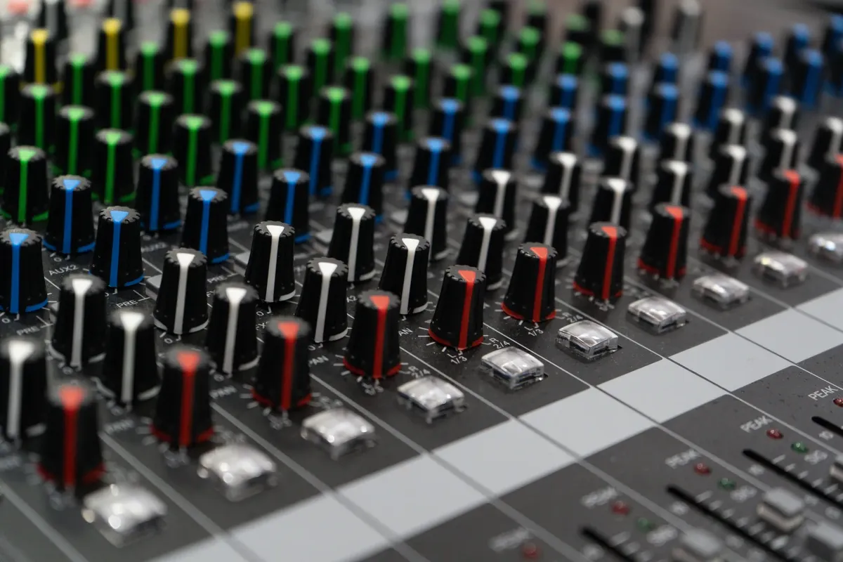 Detailed view of colorful dials on an audio mixing console, showcasing sound control technology.